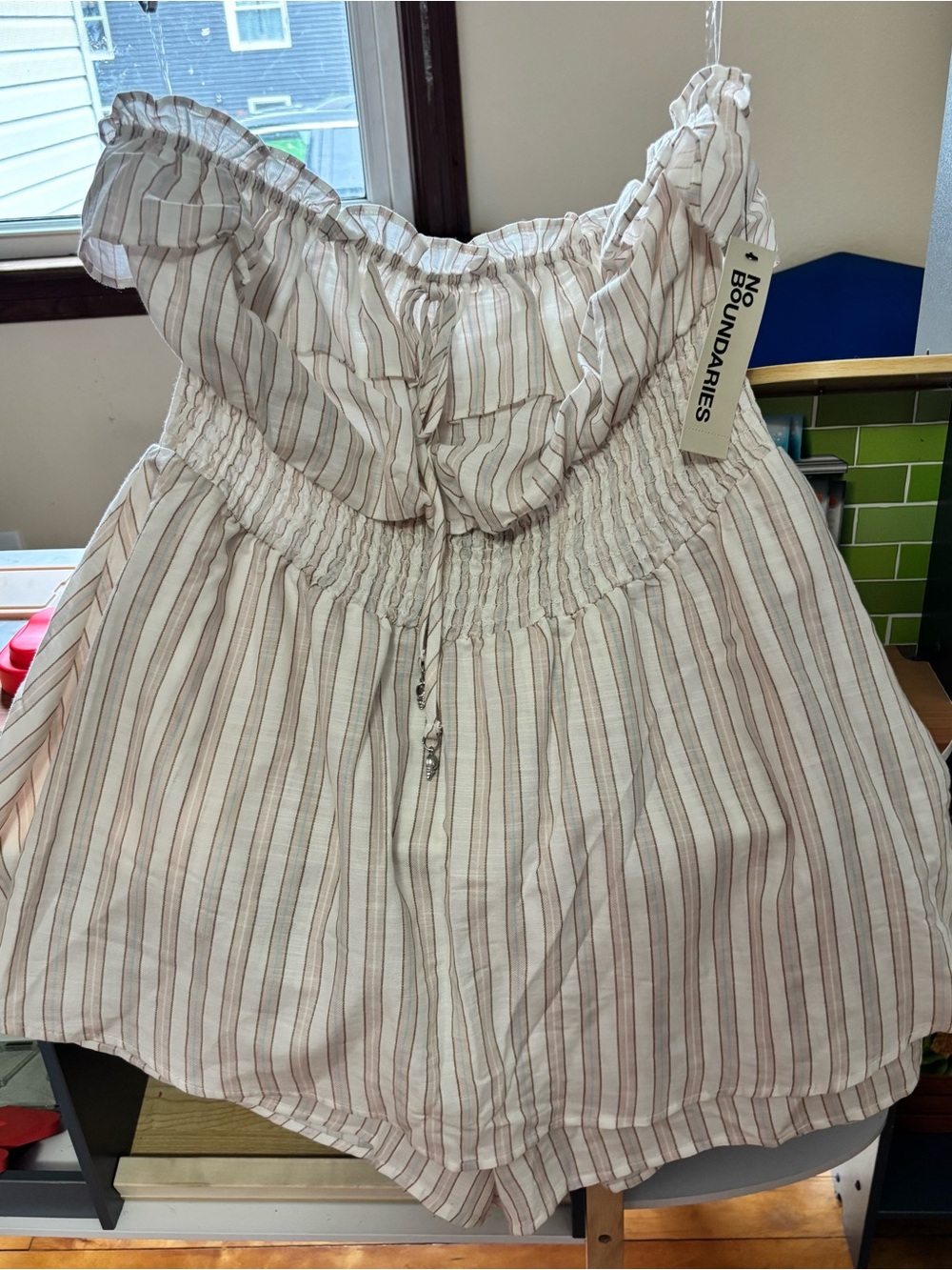 No Boundaries Girls' White and Pink Stripe Off-Shoulder Dress